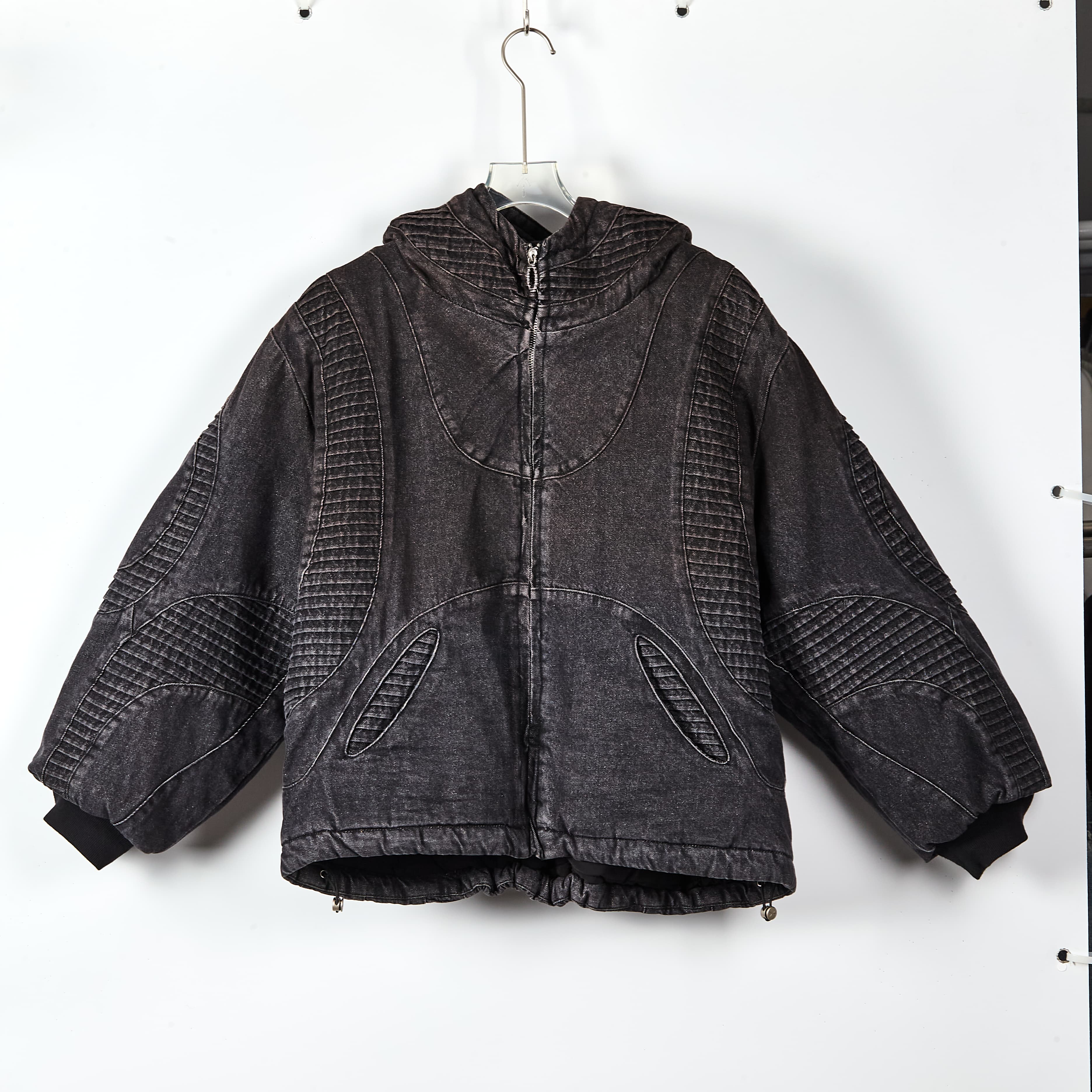 Vintage Washed Denim Puffer Jacket - Techwear Quilted Hooded Coat